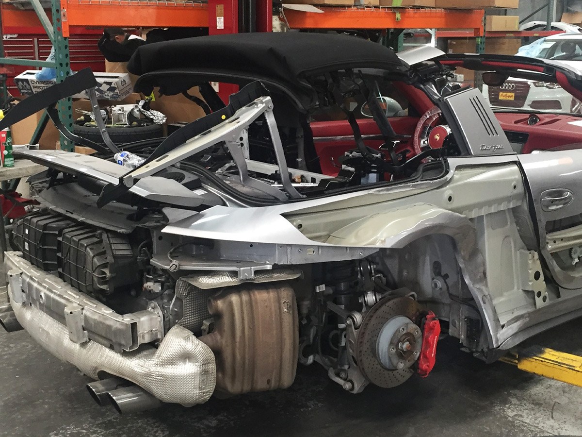 Rear end of wrecked gray Porsche will need a diminished value appraisal
